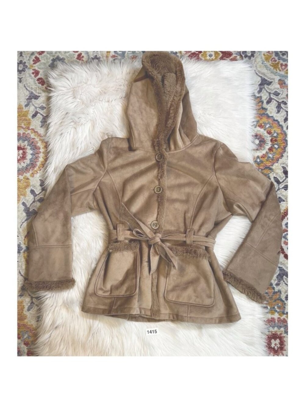 Jones New York Womens Jacket Coat XL Brown Buttons Hooded Faux Fur Trim V Neck